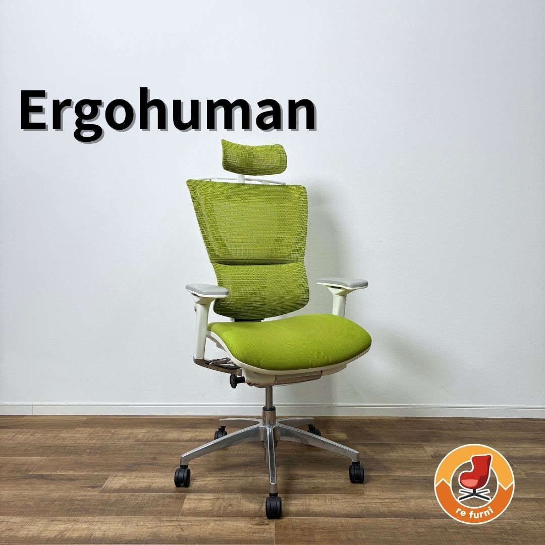 Ergohuman Fit オフィスチェア グリーン エルゴヒューマン 3 Dファブリックメッシュ 座面クッション ホワイトフレーム