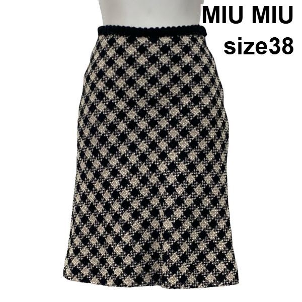 ミュウミュウ MIU ツイードスカート 膝丈 千鳥格子柄 Aライン 黒 ライトピンク ウール混 綿混 38 S 7号 レディース 5 Y 058