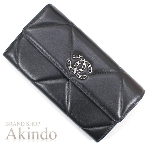新品】CHANEL19 長財布 二つ折り マトラッセ 黒 ブラック ラムスキン