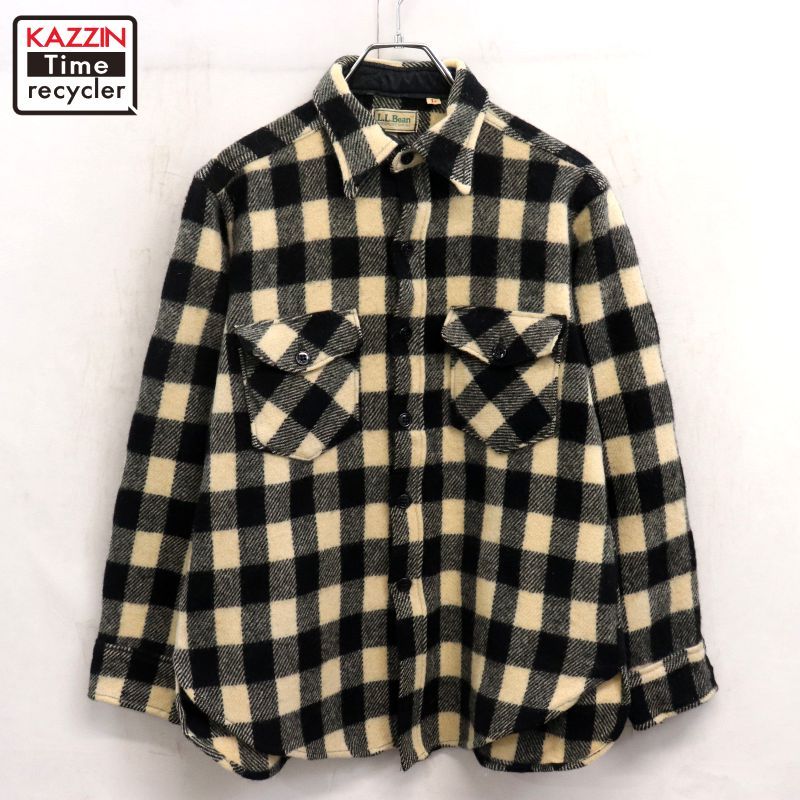 70s vintage L.L.Bean ブロックチェック柄 白黒 ウール 長袖シャツ