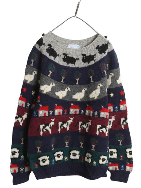 80 s デザイン ニット セーター メンズ レディース 古着 ヴィンテージ シェットランド ウール ノルディック アニマル イラスト 総柄 絵柄