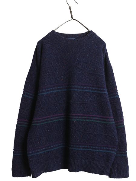 70 s ペンドルトン デザイン ニット セーター メンズ L 古着 ヴィンテージ 長袖ニット ウール 立体編み ネップ ミドルゲージ ネイビー