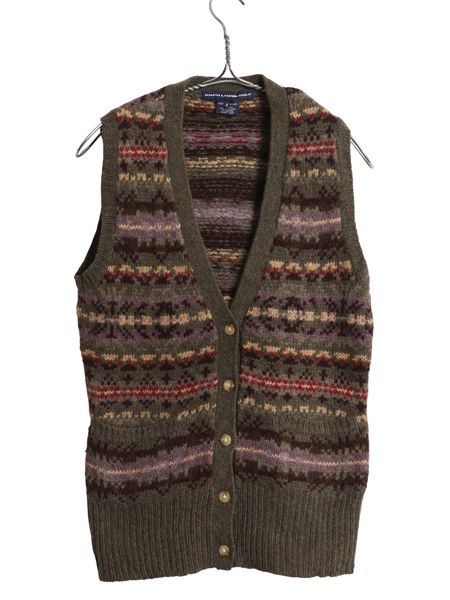 ラルフローレン ゴルフ ニット ベスト レディース S ポロ ウール カシミヤ アンゴラ 前開き 重ね着 ジレ フェアアイル マルチ 総柄