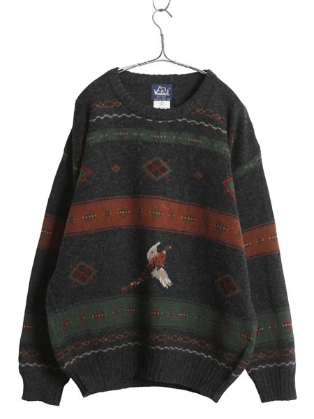 80 s ウールリッチ デザイン ニット セーター メンズ L ヴィンテージ 長袖ニット ウール ハンティング フェアアイル 絵柄 チャコールグレー