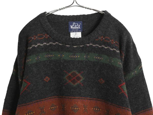 80 s ウールリッチ デザイン ニット セーター メンズ L ヴィンテージ 長袖ニット ウール ハンティング フェアアイル 絵柄 チャコールグレー