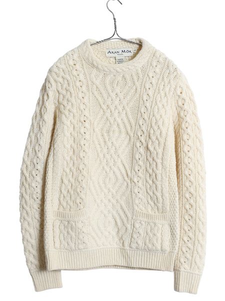 アイルランド製 フィッシャーマン ニット セーター メンズ レディース S メリノ ウール アラン ケーブル ローゲージ ポケット付き 生成り