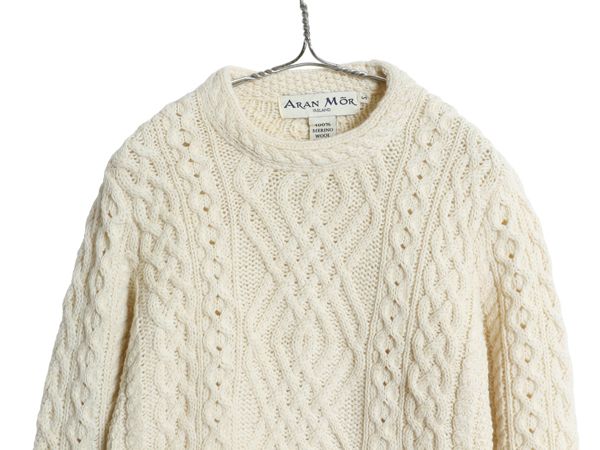 アイルランド製 フィッシャーマン ニット セーター メンズ レディース S メリノ ウール アラン ケーブル ローゲージ ポケット付き 生成り