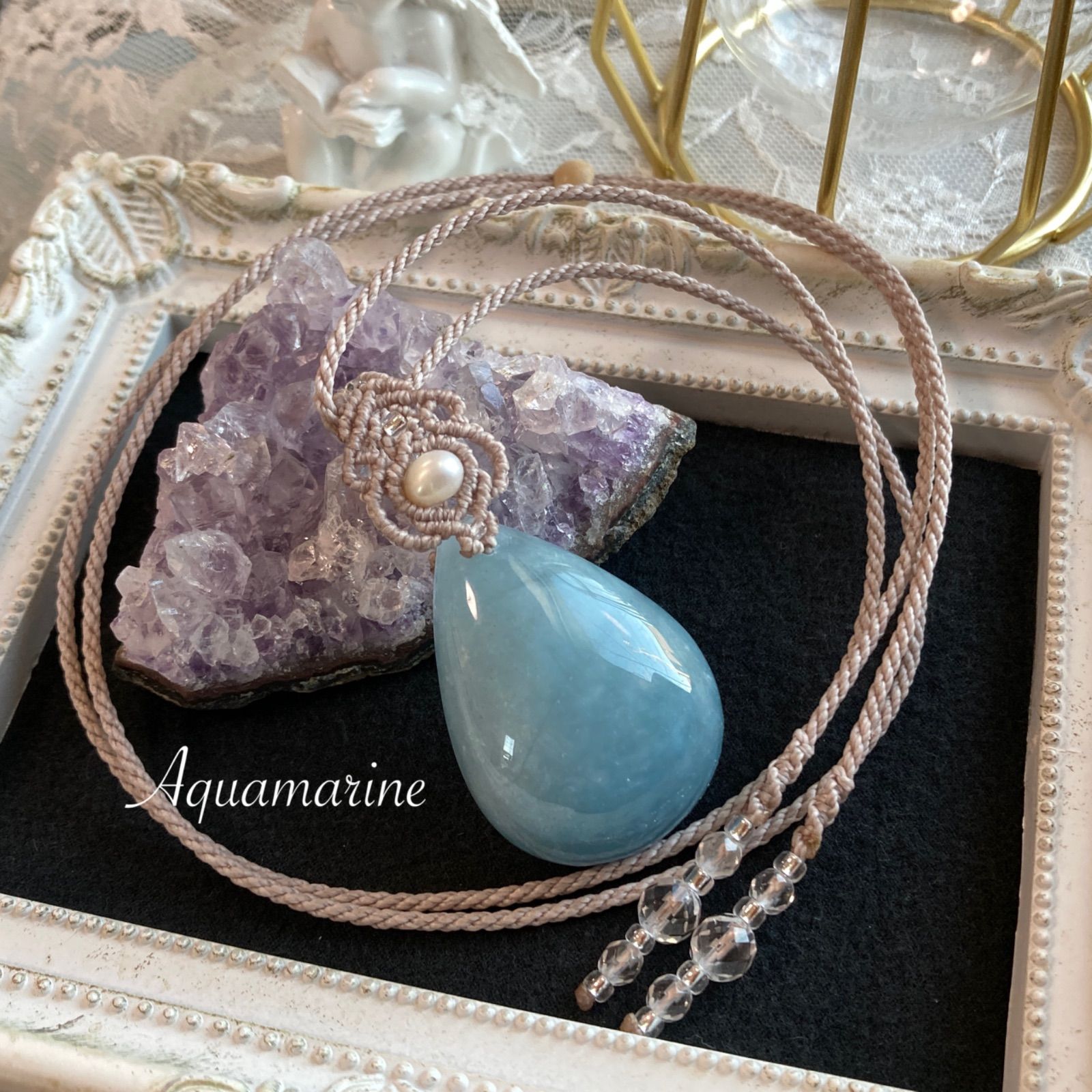 ミルキーカラー アクアマリン（大きめサイズ） マクラメネックレス