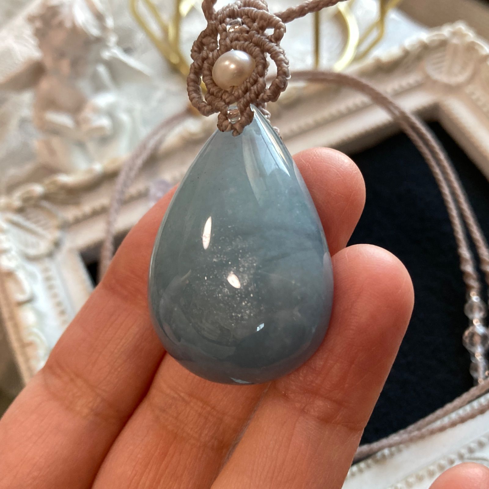  ミルキー アクアマリン 大きめサイズ マクラメネックレス 金属アレルギー対応 ネックレス ネックレス ペンダント アクセサリー