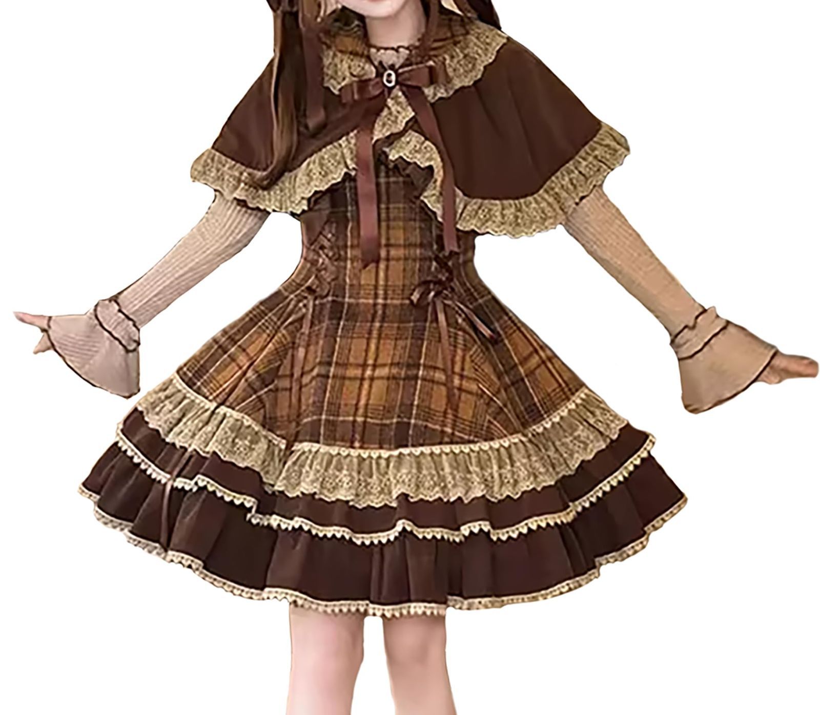 セットアップ ３点セット チェック柄 JSKワンピース ケープ 長袖ブラウス リボン フリル レースアップ かわいい ゆめかわ 森ガ