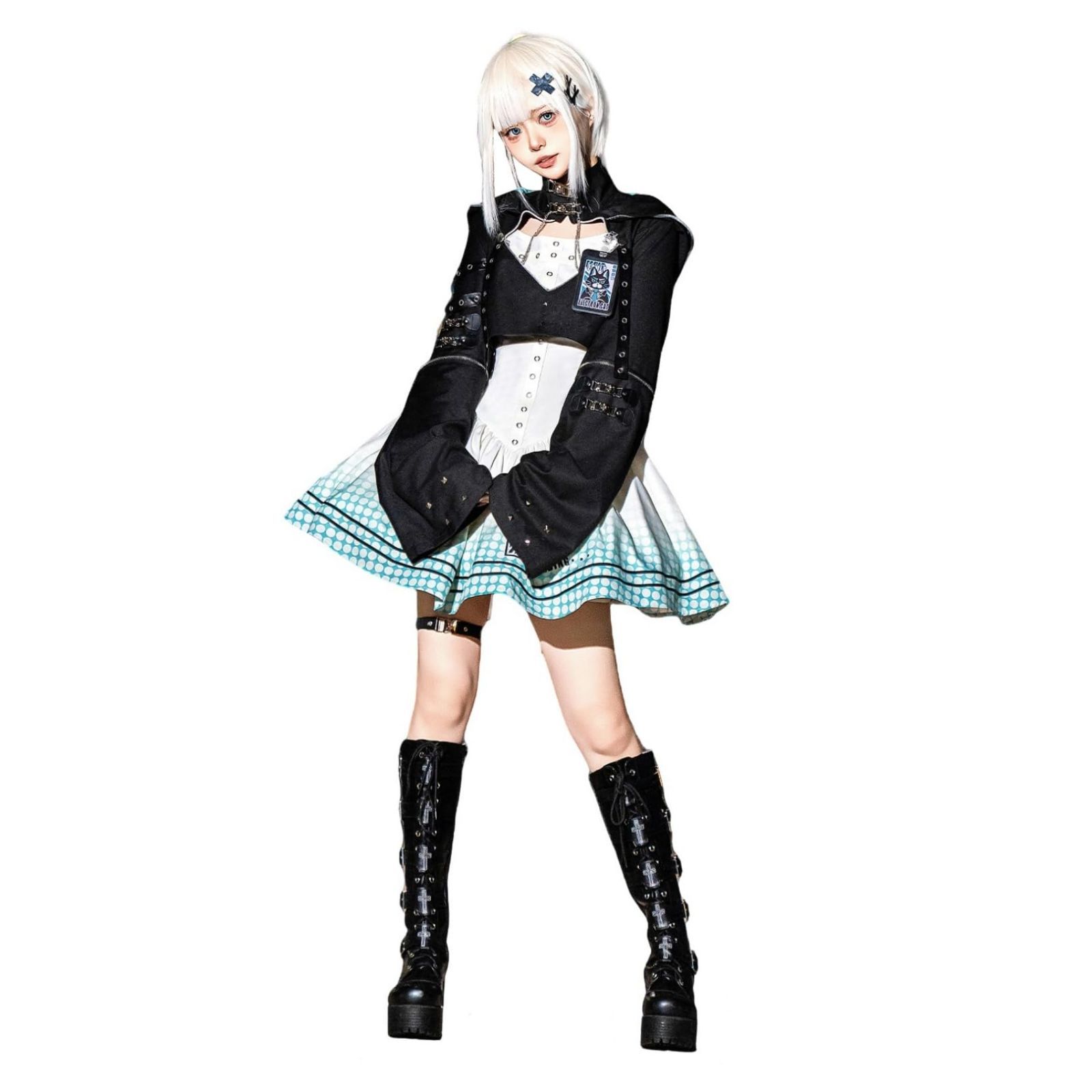 ロリータワンピース ねこみみ パーカー 地雷系 ジャンパースカート ファスナー チェーン ベルト ゴシック風 グラデーション