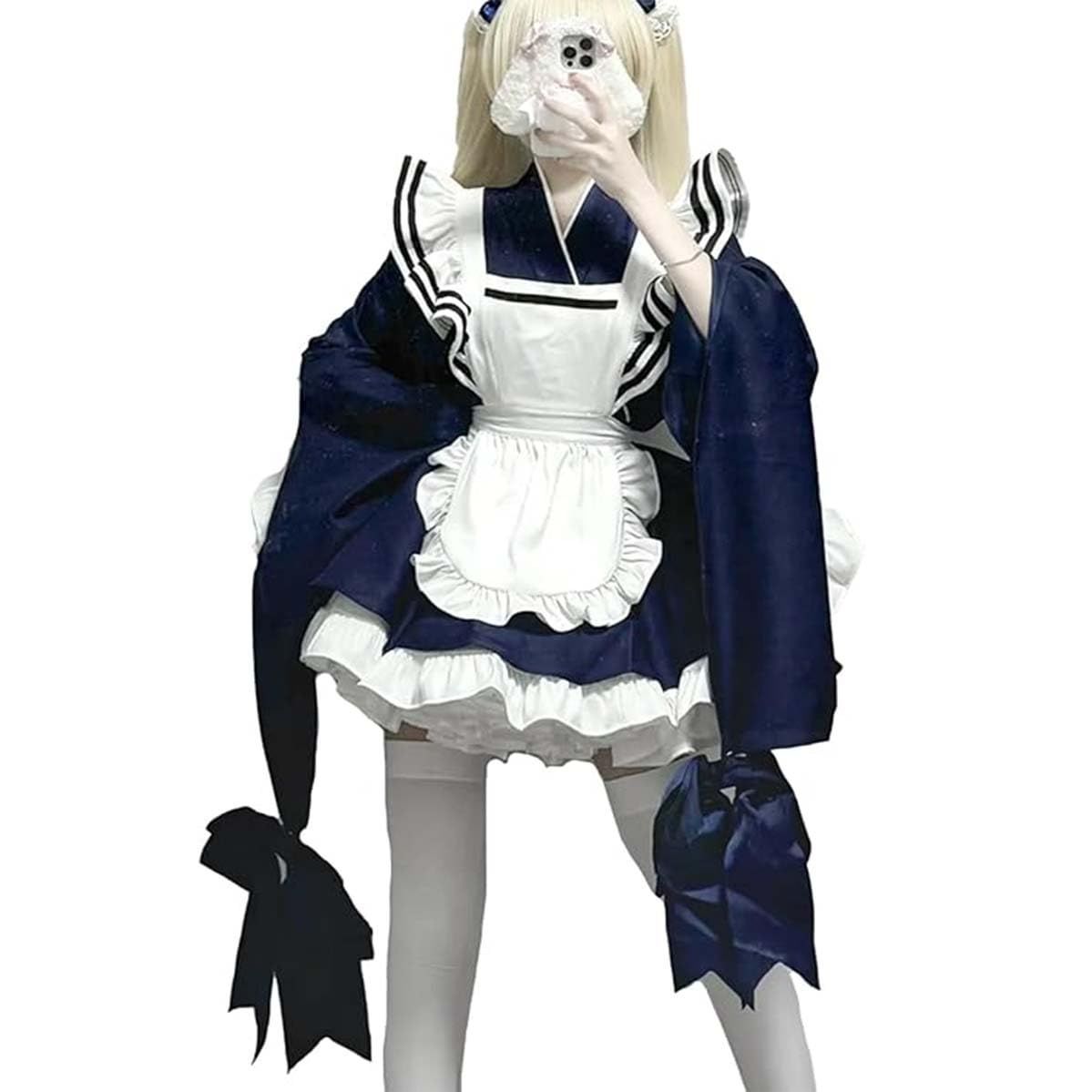 メイド服 ワンピース セットアップ 振袖 浴衣 2点セット レディース ロリータ ミニ エプロン 服 制服 フリル リボン メード服