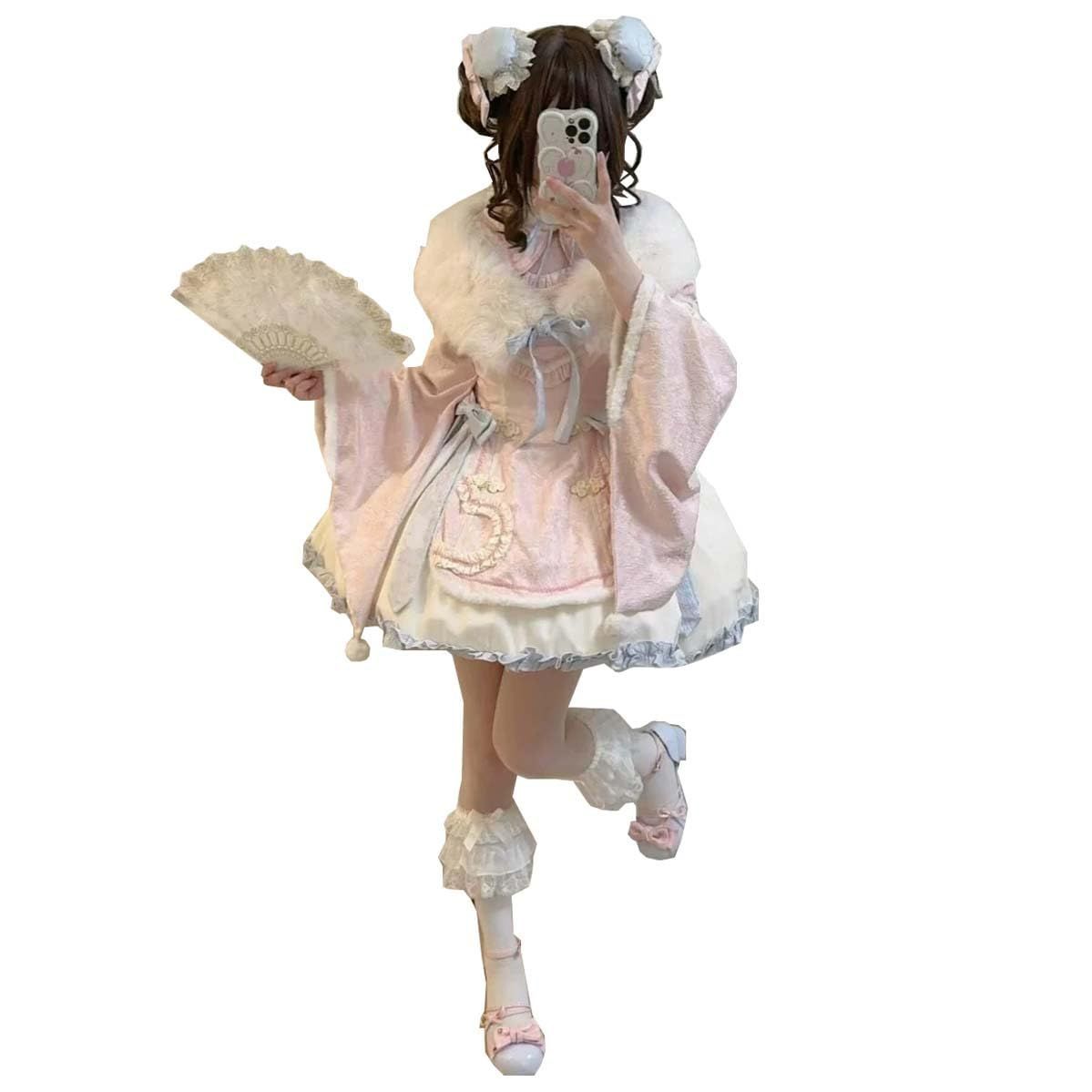 ワンピース 中華風 冬 レディース ケープ チャイナボタン もこもこ 中華服 振袖 夢かわいい リボン フリル 刺繍 ロリータ ゴ