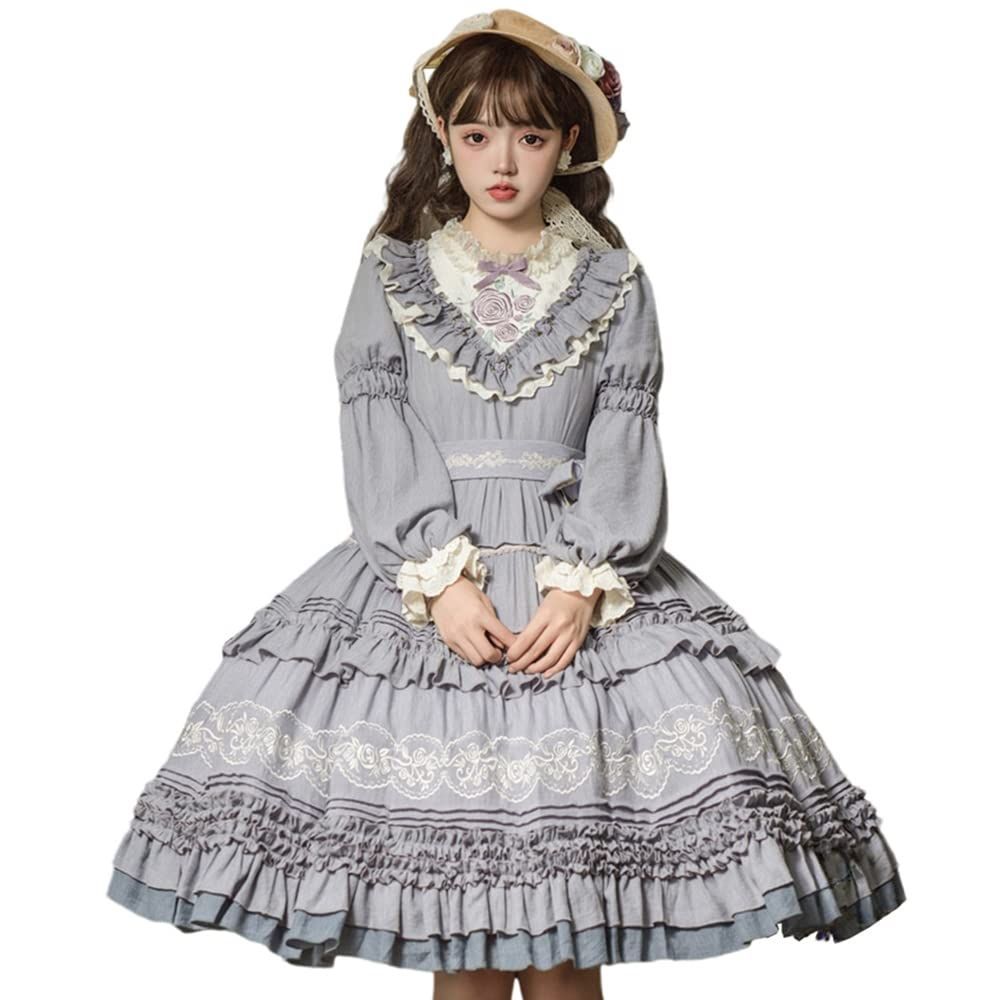 ティアードワンピース ロリータ 長袖 姫 ドレス コスプレ衣装 緑 紫 花柄 フリル レトロ 中世紀 宮殿風 貴族風 森ガー