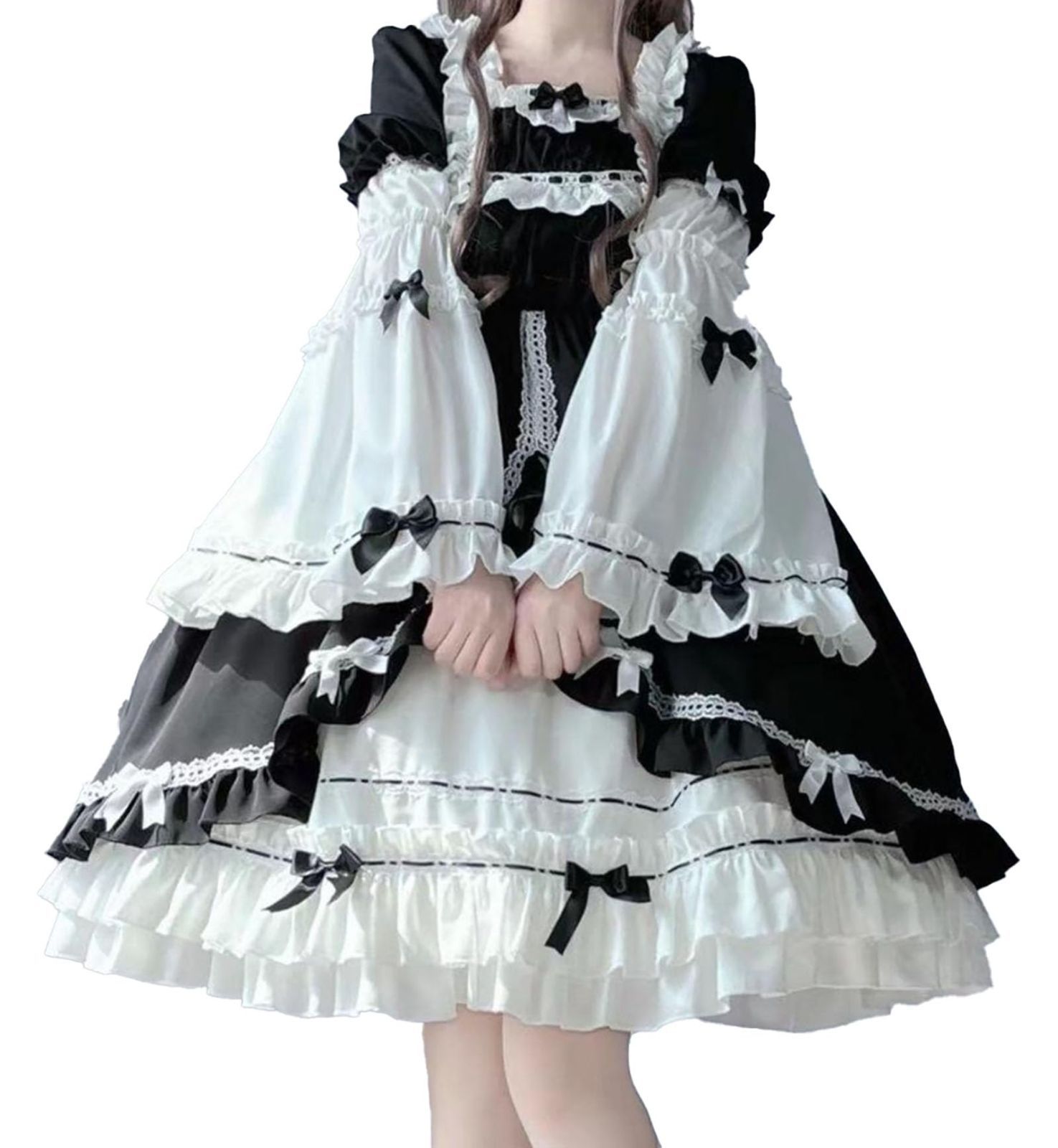 レディース 姫袖 ワンピース レースアップ ロリータ アームカバー 取り外し かわいい フリル リボン 地雷系 量産系 量産型