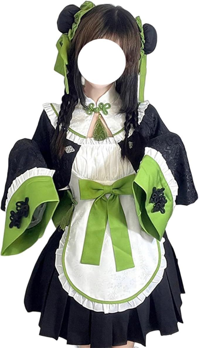 ロリータ ワンピース グリーン 中華風 メイド服 チャイナドレス風 ゴスロリ リボン付き レッグウォーマー 森ガール ４