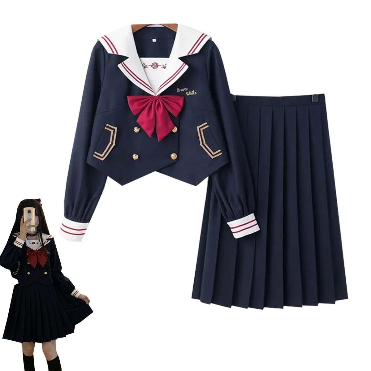 セーラー服 ブラック 黒 長袖 半袖 女子高生 赤蝶結ぶ 3点セット コスプレ JK 制服 スカート 上下セット 女子制服 ハロウィー