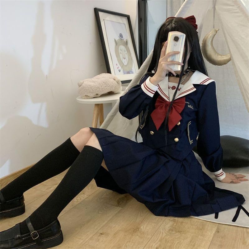 セーラー服 ブラック 黒 長袖 半袖 女子高生 赤蝶結ぶ 3点セット コスプレ JK 制服 スカート 上下セット 女子制服 ハロウィー
