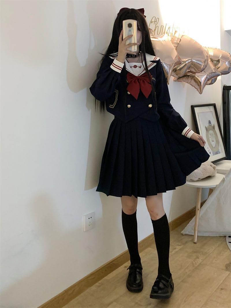 セーラー服 ブラック 黒 長袖 半袖 女子高生 赤蝶結ぶ 3点セット コスプレ JK 制服 スカート 上下セット 女子制服 ハロウィー