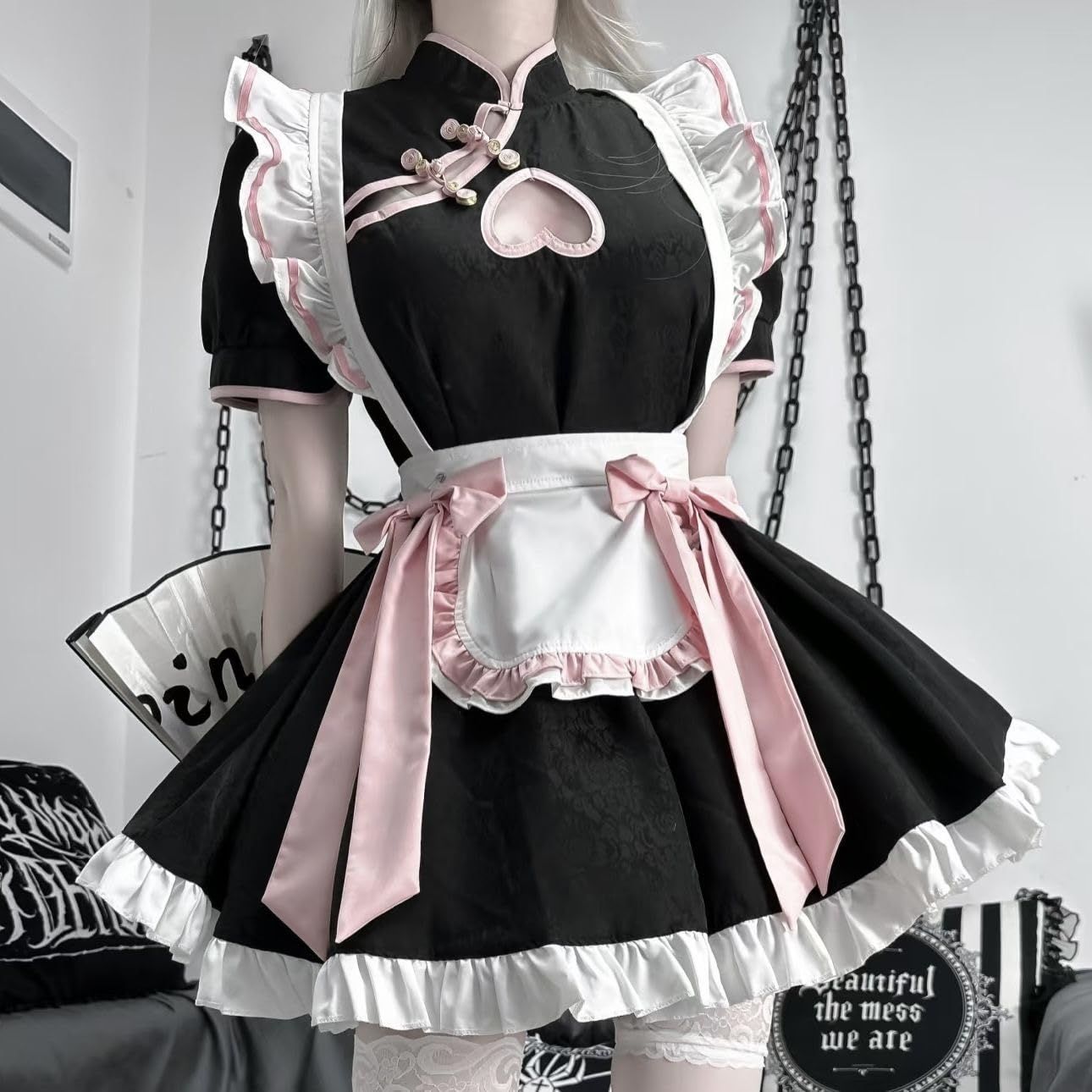 セクシー チャチャイナ風 メイド服 コスプレ ゴスロリ アリス かわいい フリル リボン ロリータ ワンピース 胸空き 下