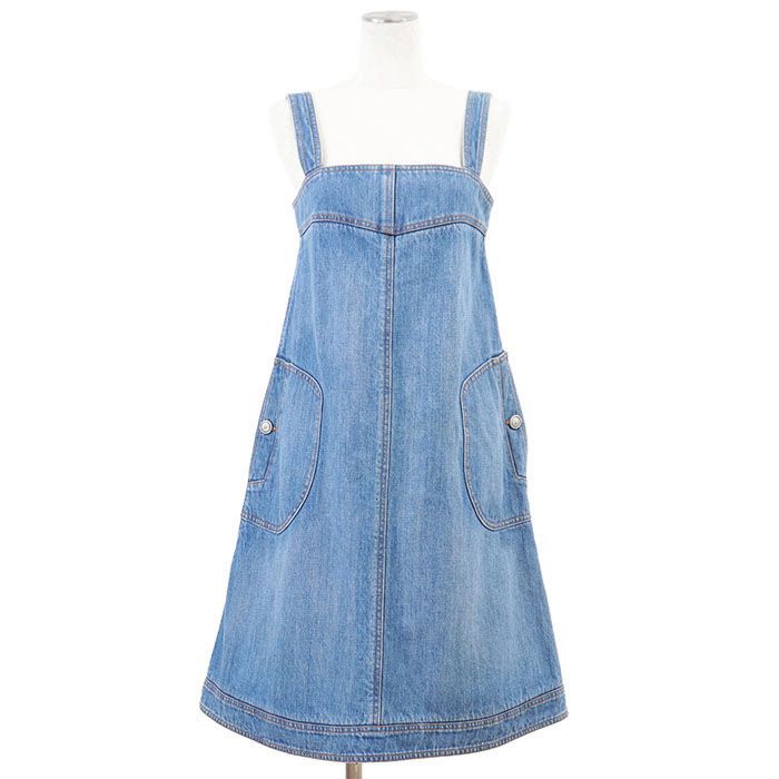CHANEL シャネル ワンピース デニム ジャンパースカート P 49628 2014-15年製 COCOマーク ロゴ スターボタン サロペット ノースリーブ ドレス レディース サイズ 36 ライトインディゴ イタリア製