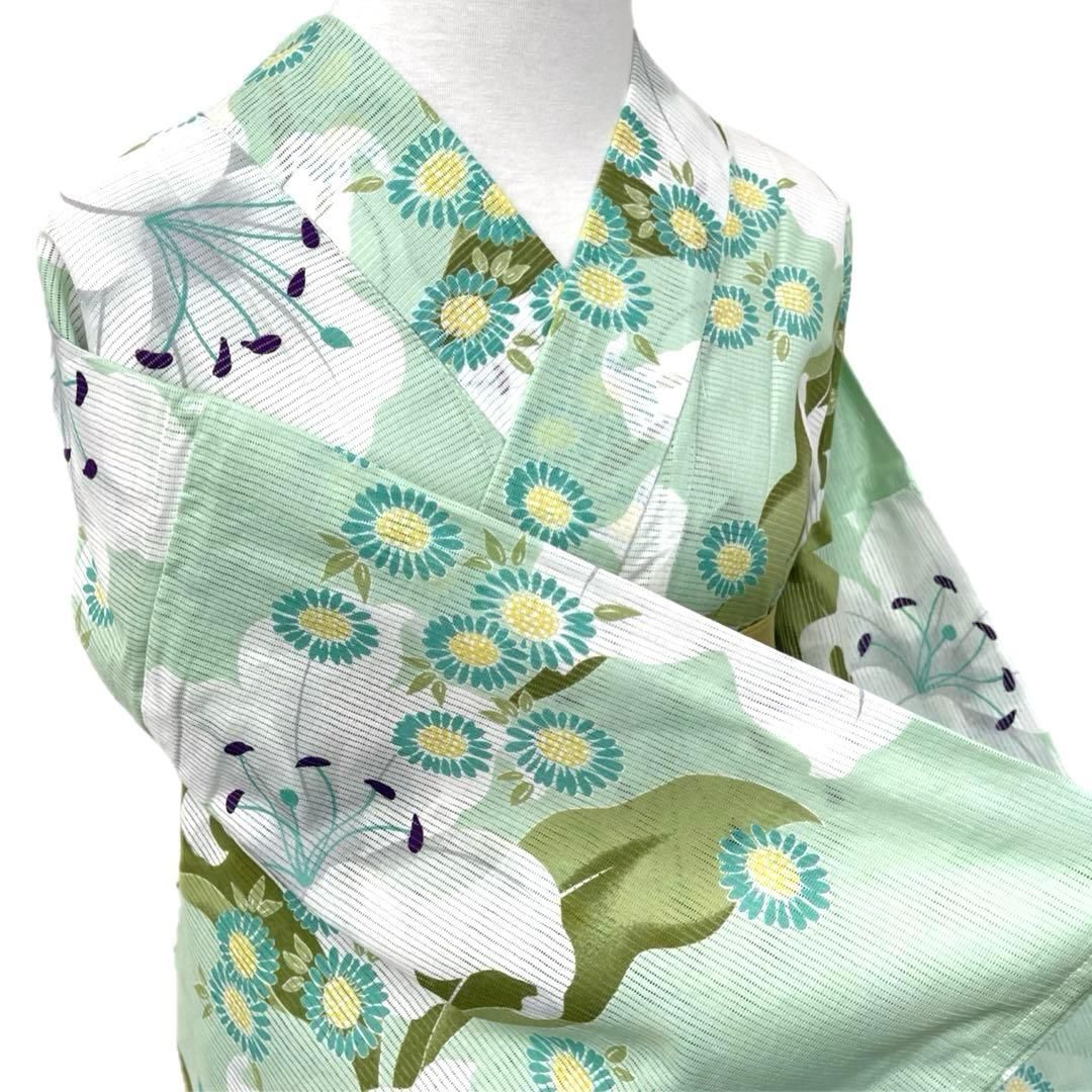 着物と帯 時流 Y 25782 s 浴衣 綿絽 綿 百合 黄緑色