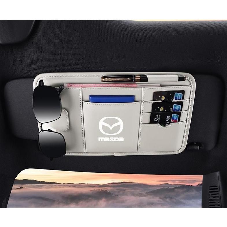 マツダ MAZDAベージュサンバイザーポケット 車用 小物入れ PUレザー カード メガネ ペン 収納ホルダー 多機能 サンバイザーケース aa