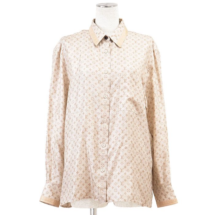 LOUIS VUITTON ルイ ヴィトン シャツ シルク ツイル 2025 AW LV ロゴ モノグラム キャンバス ボタン パジャマ 長袖 トップス レディース サイズ 38 シャンパンゴールド ベージュ イタリア製