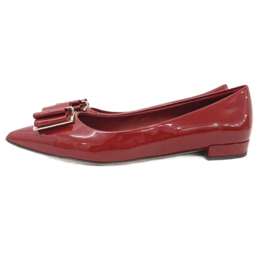 サルヴァトーレフェラガモ Salvatore Ferragamo パンプス フラットシューズ エナメル パテント リボン 赤 レッド 7 1 2 約25.5㎝