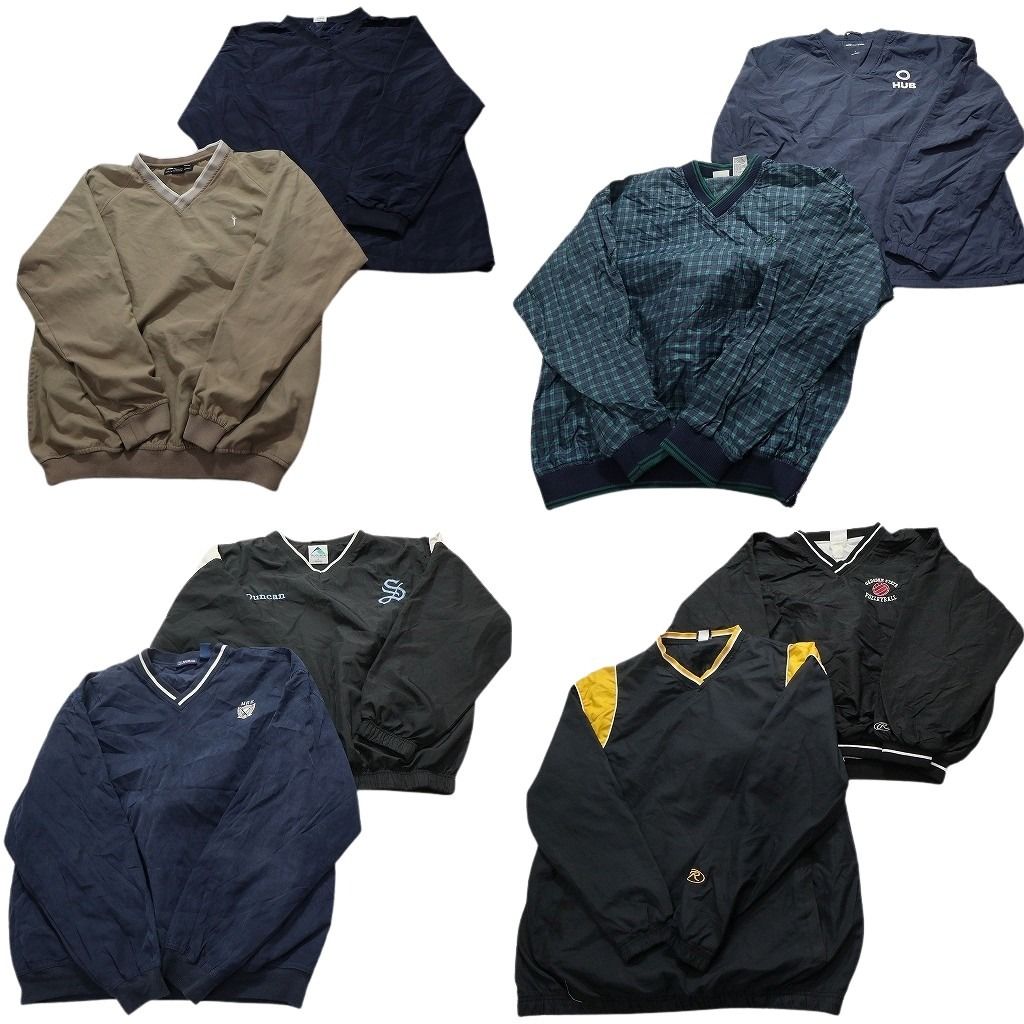 古着卸 まとめ売り プルオーバー ジャケット 8枚セット (メンズ M /L ) チェック ワンポイント Vネック ネイビー  古着 NC8615