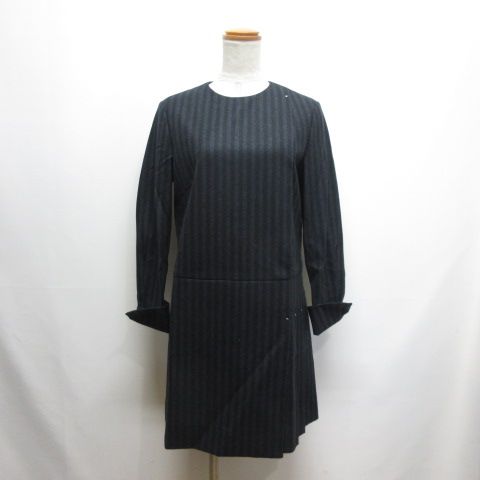 エポカ EPOCA ストライプ柄 長袖 ウール ワンピース 40 黒 × グレー 裏地付き