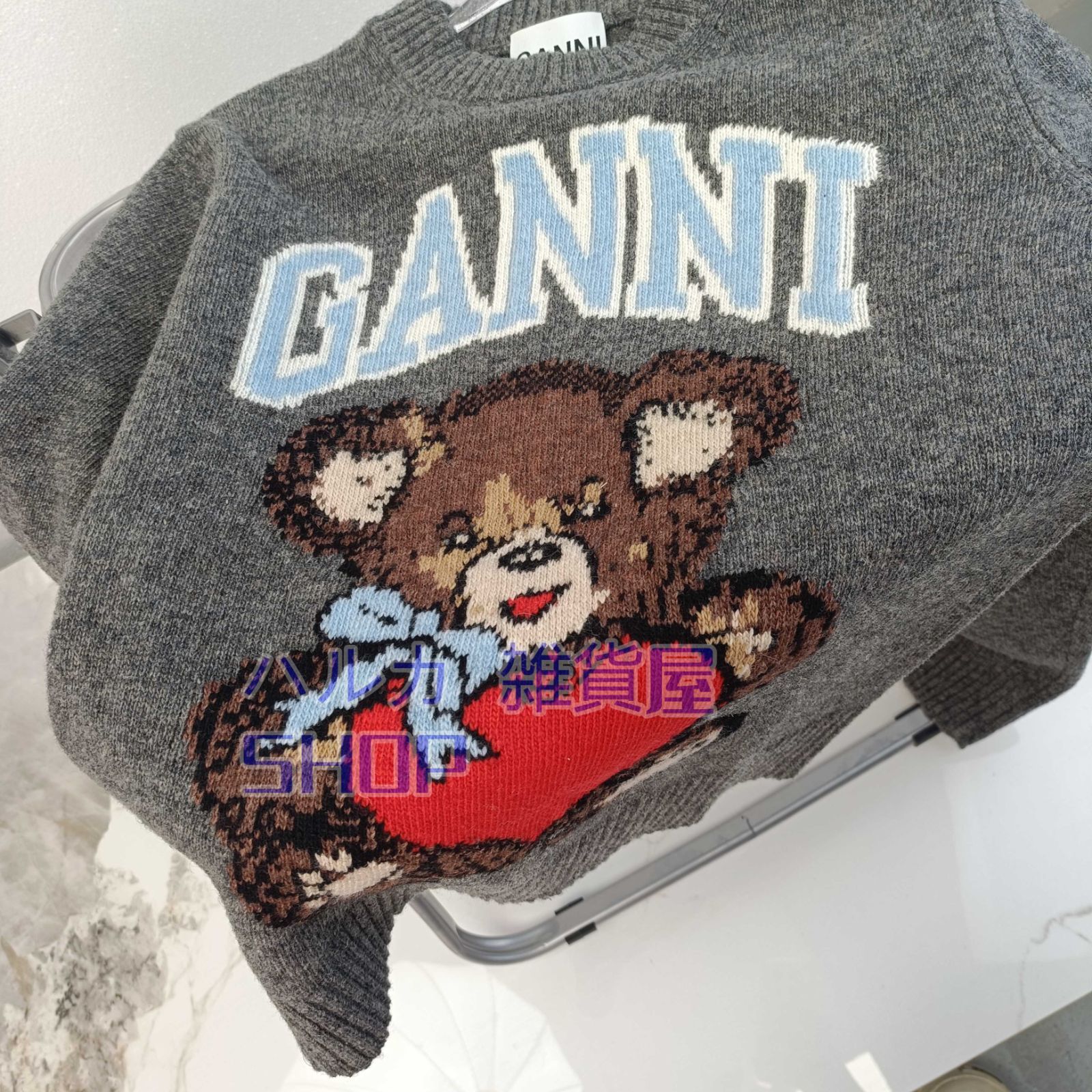 大人気GANNI ガニー トップス ニット セーター 長袖 グレー クマ柄