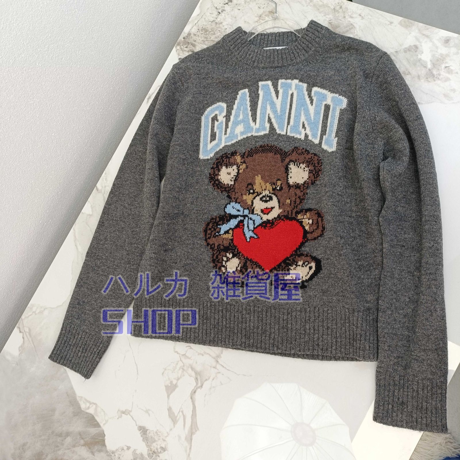 グニフニ さん くまちゃん ニット (トップスのニットはラスト) 大人気GANNI ガニー トップス ニット セーター 長袖 グレー クマ柄