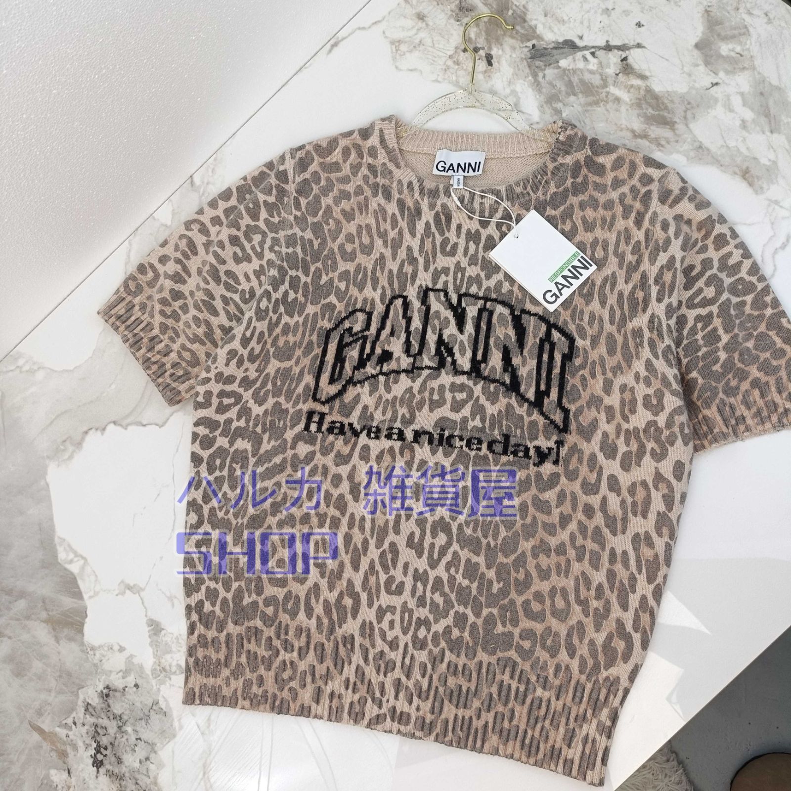 秋冬 GANNI ヒョウ柄プリントラウンドネックスリーブニットセータートップス