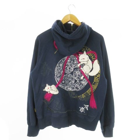 【中古】コンジャク 今昔 KON-JAKU ジップパーカー スウェット 裏毛 和柄 刺繍 狐 花柄 ロゴ XL 紺 ネイビー /AO12 コンジャク 今昔 KON-JAKU ジップパーカー スウェット 裏毛 和柄 刺繍