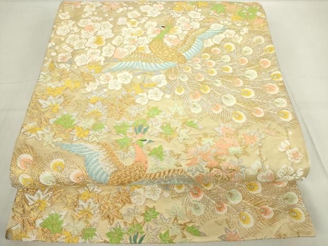 平和屋着物▽六通柄袋帯 唐織 孔雀花文 金銀糸 三越扱い 正絹 逸品