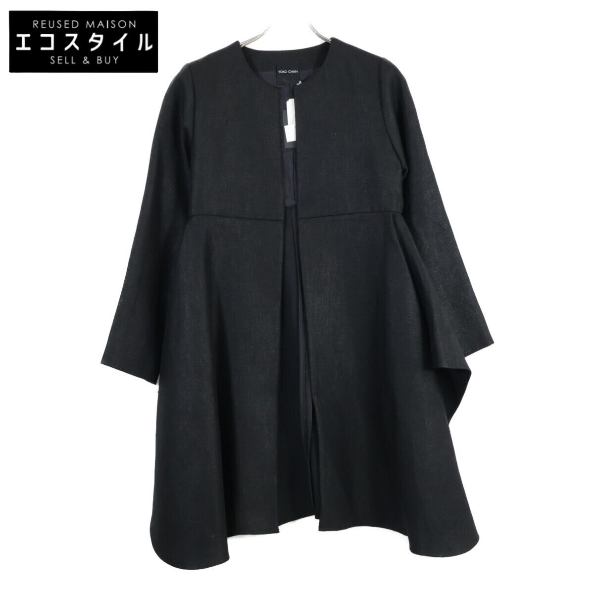 YOKOCHAN ヨーコチャン ﾌﾞﾗｯｸ YCC-117-066 ﾘﾈﾝ100% ﾉｰｶﾗｰ ﾌﾚｱｺｰﾄ 38