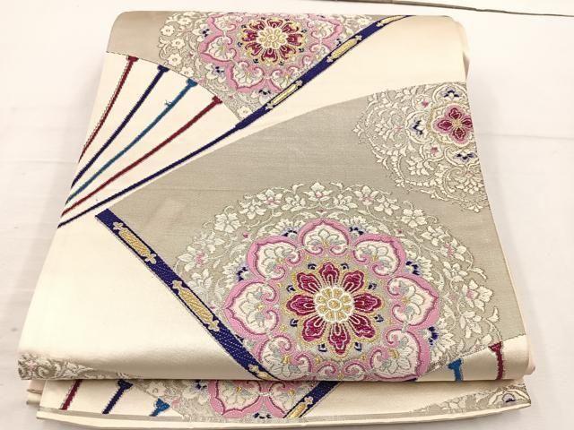 平和屋着物◎六通柄袋帯 唐織 扇面花文 金銀糸 正絹 逸品 BAAV9177mz