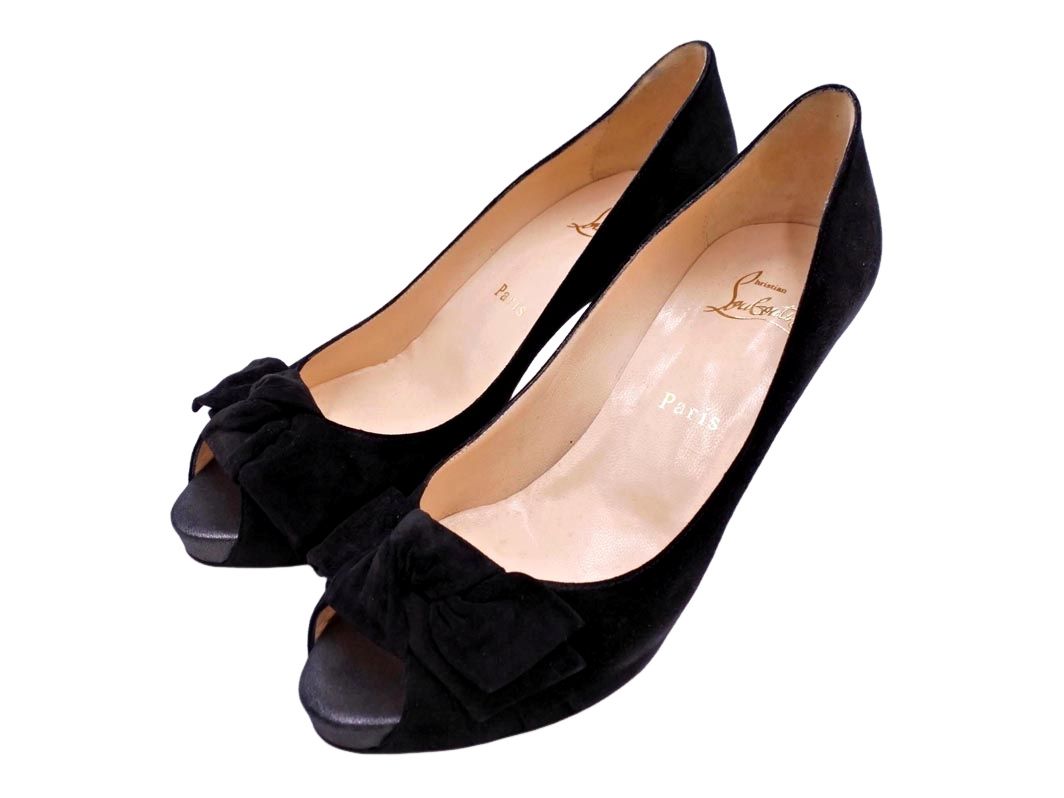 Christian Louboutin クリスチャンルブタン スウェード リボン オープントゥ パンプス size 37 5 24 cm 黒 レディース