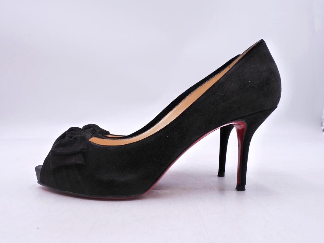 Christian Louboutin クリスチャンルブタン スウェード リボン オープントゥ パンプス size 37.5 24.5 cm 黒 レディース