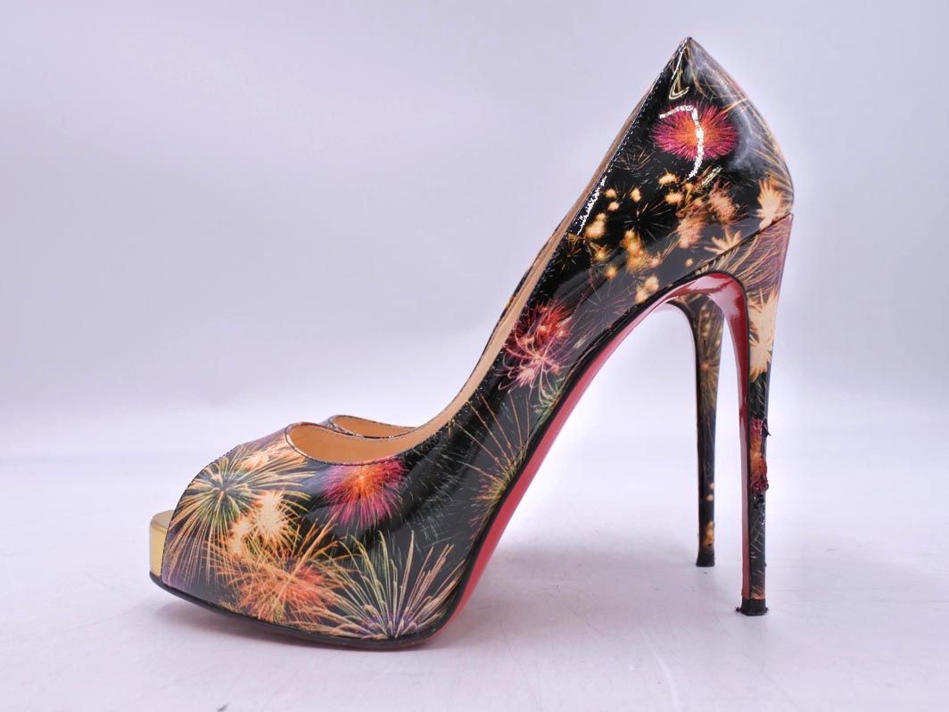 Christian Louboutin クリスチャンルブタン エナメル 総柄 オープントゥ パンプス size 36 23 cm 黒 レディース