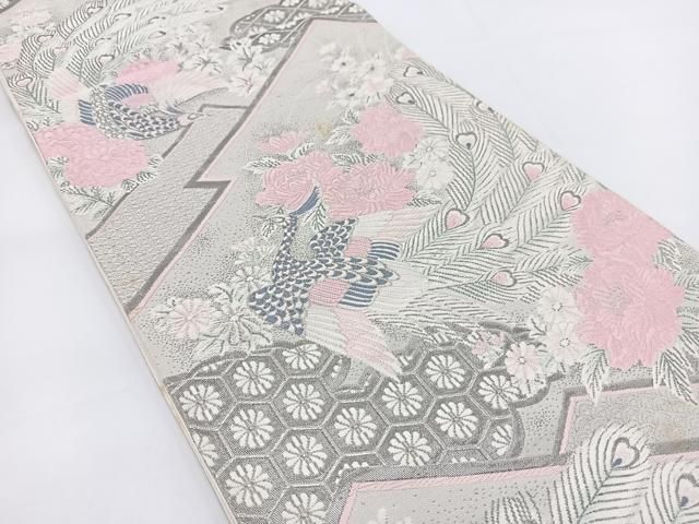 平和屋着物◎六通柄袋帯 唐織 プラチナ箔 勝宝花鳥文 正絹 逸品