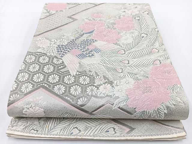 平和屋着物◎六通柄袋帯 唐織 プラチナ箔 勝宝花鳥文 正絹 逸品