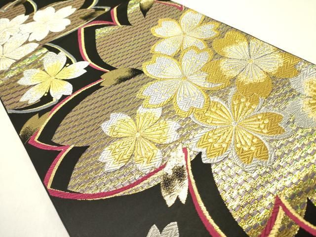 平和屋着物▽六通柄袋帯 舞桜 黒地 金銀糸 正絹 逸品 DAAZ2787op