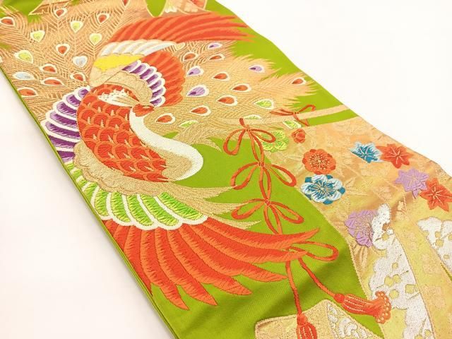 A 27袋帯 六通華紋帯 金糸　唐織　花　孔雀　着物 平和屋着物◎六通柄袋帯 唐織 孔雀几帳花文 金銀糸 正絹 逸品