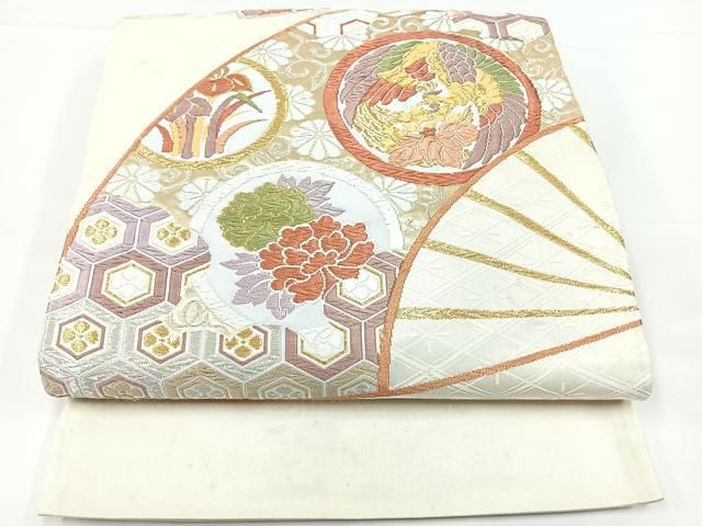 平和屋着物◎西陣 六通柄袋帯 唐織 扇面鳳凰花文 金銀糸 証紙付き 正絹