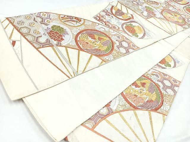 平和屋着物◎西陣 六通柄袋帯 唐織 扇面鳳凰花文 金銀糸 証紙付き 正絹