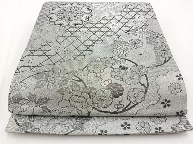 平和屋着物◎佐賀錦 六通柄袋帯 道長花丸文 銀糸 正絹 逸品 未使用