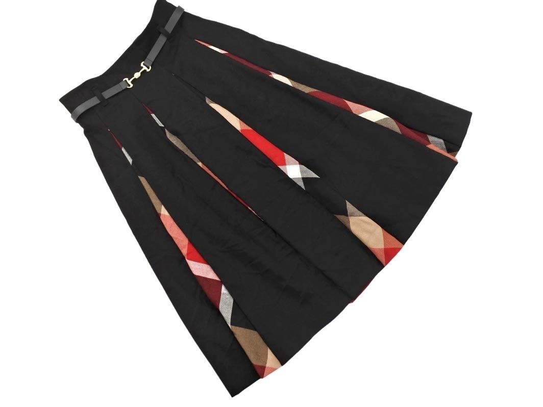 BLUE LABEL ブルーレーベル クレストブリッジ ウール混 ベルト付き チェック 切替 フ スカート size 38 黒ｘ赤ｘ茶 レディース