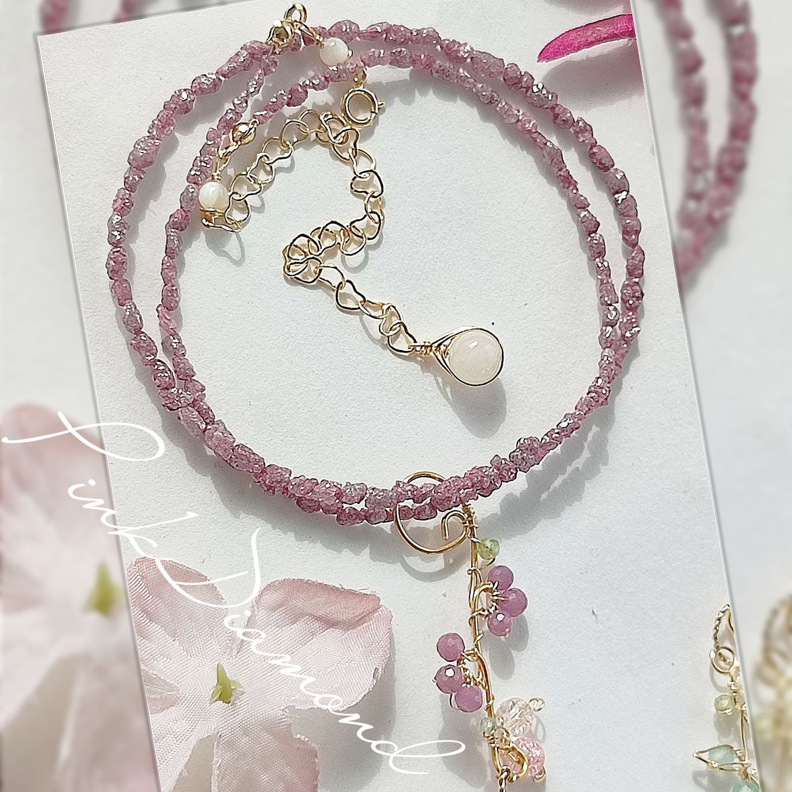 14Kgf 稀少色 ピンク ダイヤモンド 原石 ネックレス 誕生石 贈り物 